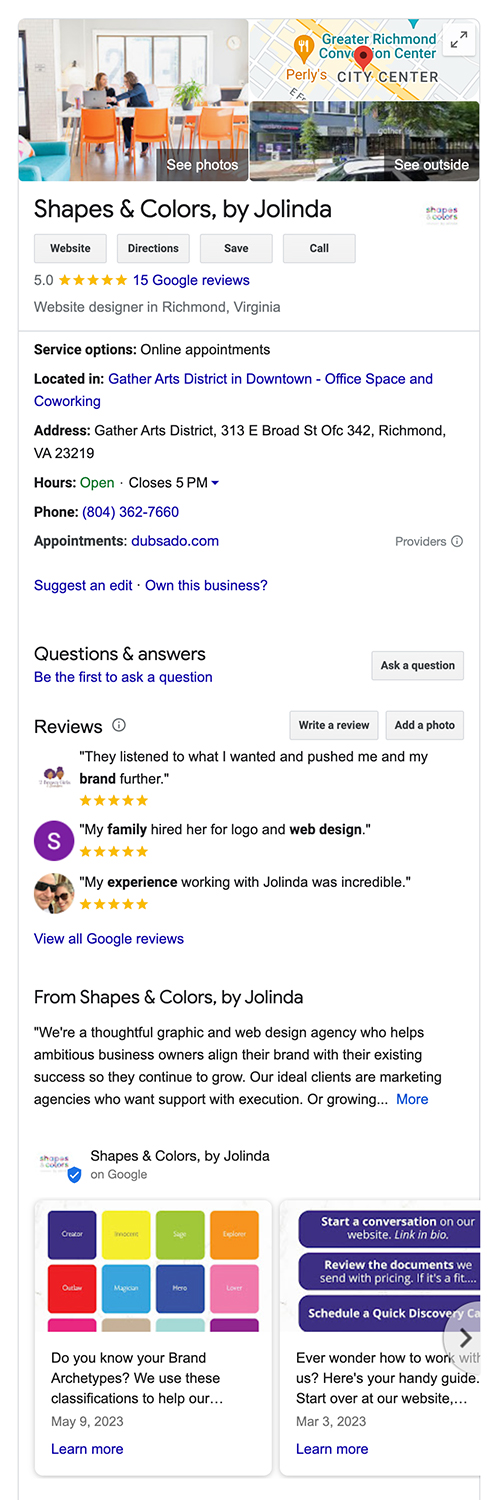 google-business-profile-example-shapes-colors Google My Business profile for Shapes & Colors, by Jolinda