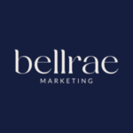 bellrae-marketing bellrae marketing logo, cream text on dark blue background