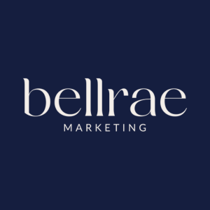 bellrae-marketing bellrae marketing logo, cream text on dark blue background
