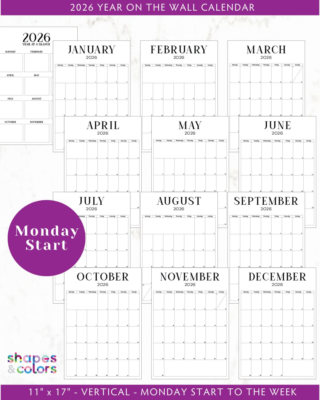 Year at a Glance Monday Start Wall Calendar